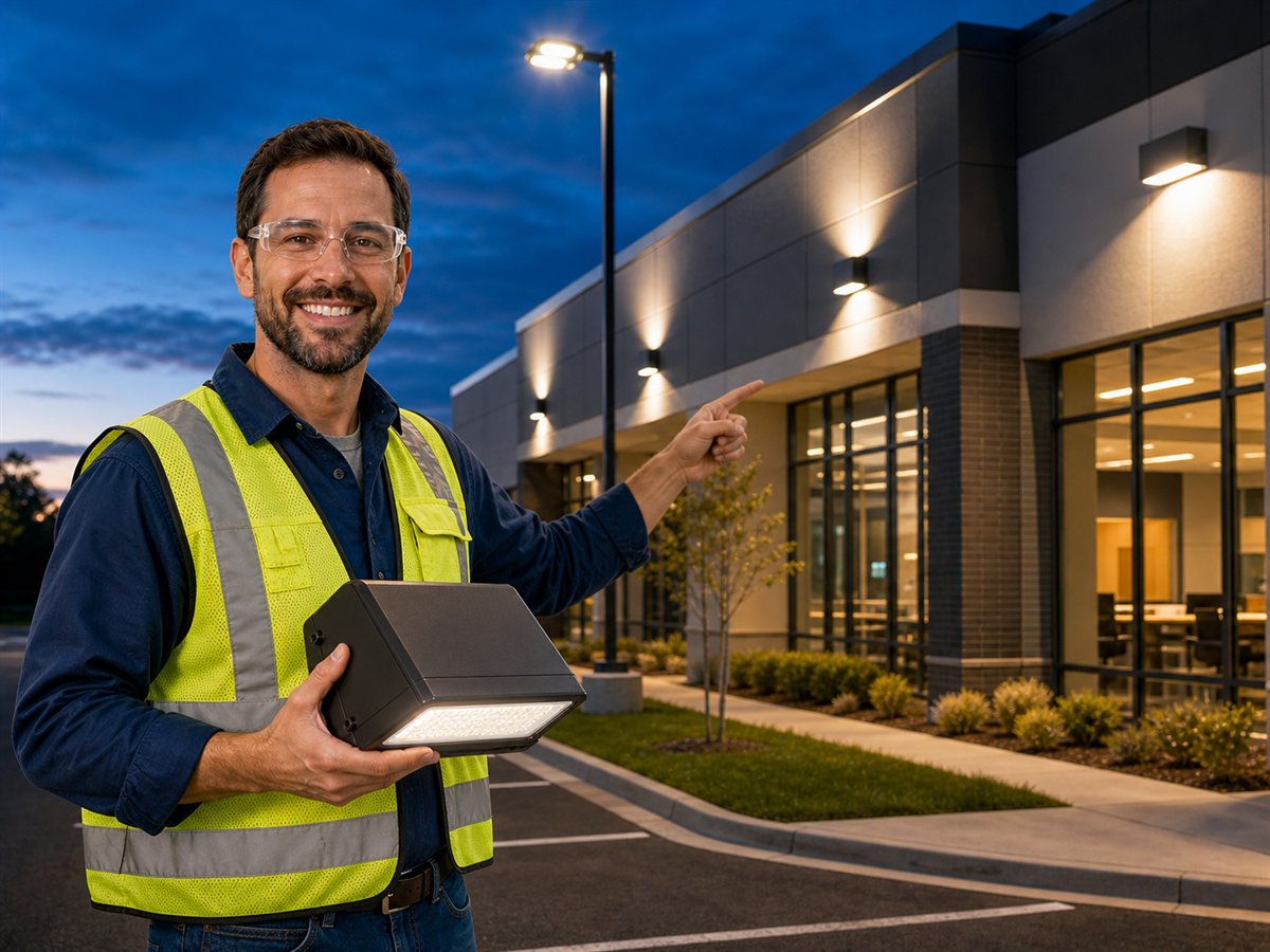 Electrical project manager holding an outdoor LED wall pack fixture outside a commercial building